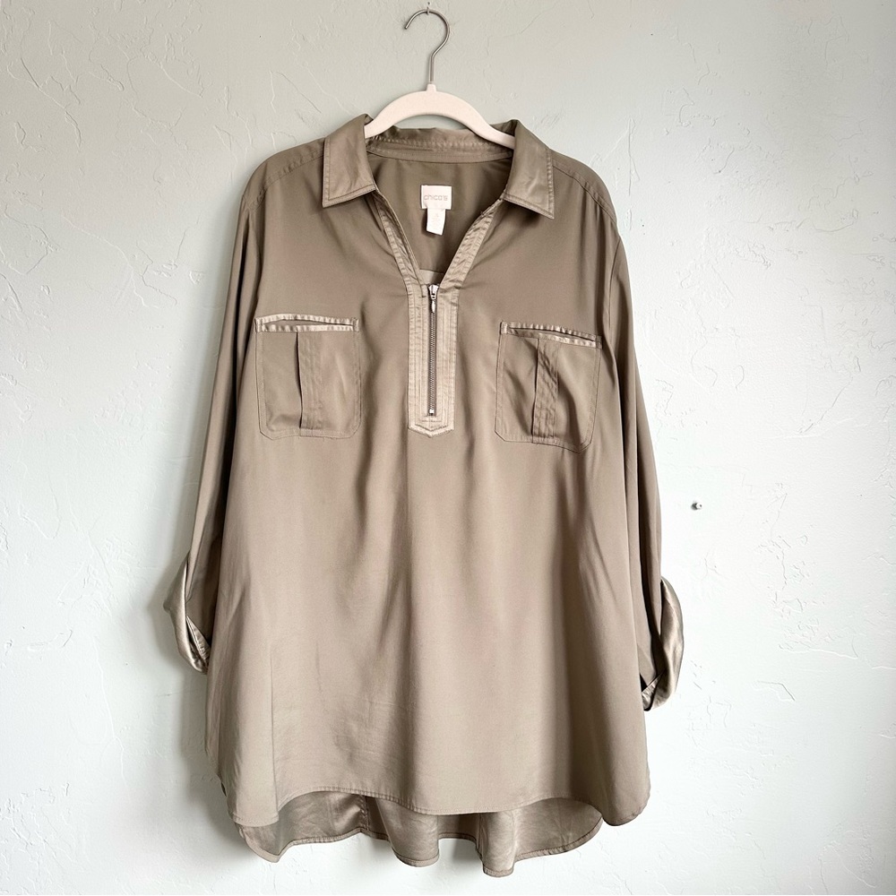 Chico's | Women’s Olive Green Blouse Cuffed Sleeves Chico’s Size 3 Size XL 16